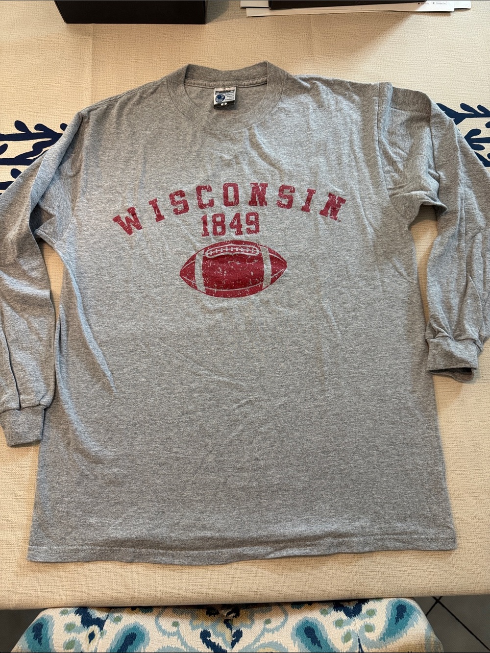 Steve & Barry's Grey Long-Sleeve Wisconsin 1849 Football Tee with Red Print